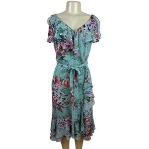 Eliza J Floral Ruffle Midi Dress With Belt & V-Neckline Size 4